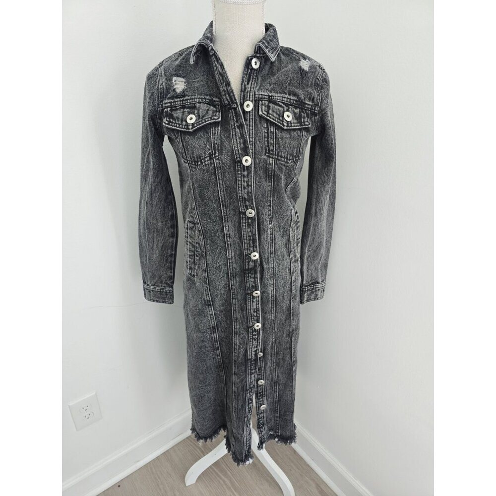 Disstressed Denim Midi Dress XS Long Sleeves Button Down Cotton Black Acid Wash